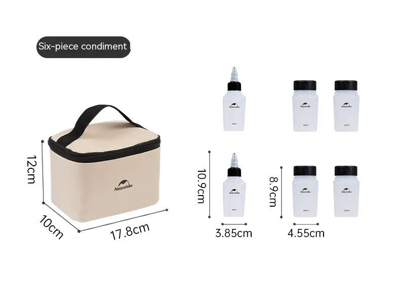 Naturehike six-piece PP plastic portable seasoning bottle set for outdoor cooking and picnics.