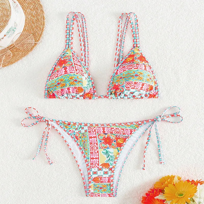 Women's lace-up front swimsuit bikini set with split leg and backless briefs
