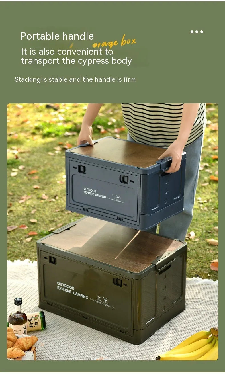 Large white plastic storage box with wooden lid showing foldable sides