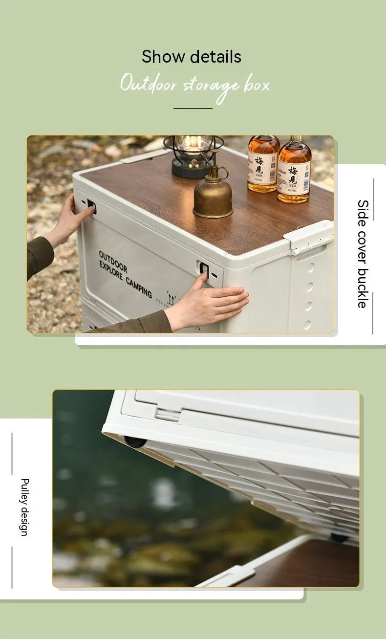 Large white plastic storage box with wooden lid showing foldable sides