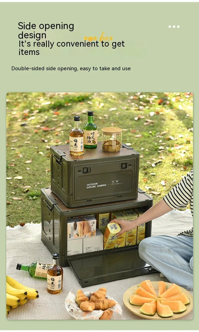 Large white plastic storage box with wooden lid showing foldable sides