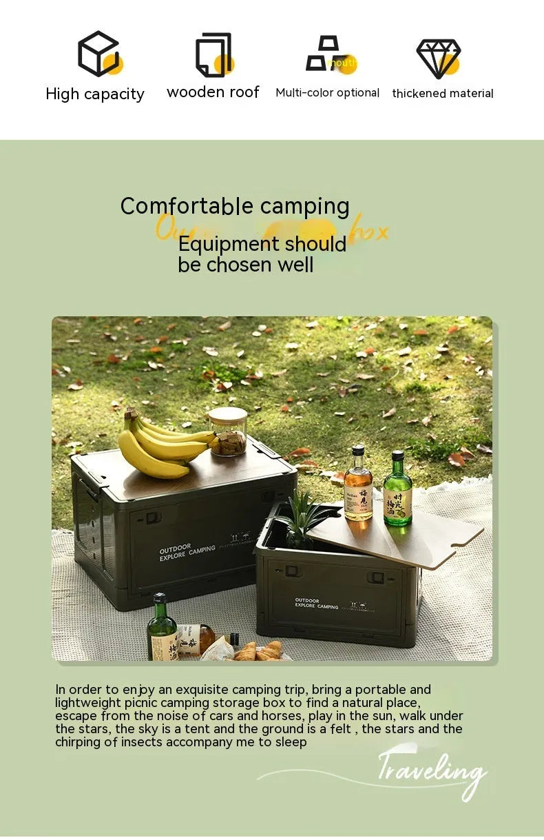 Large white plastic storage box with wooden lid showing foldable sides