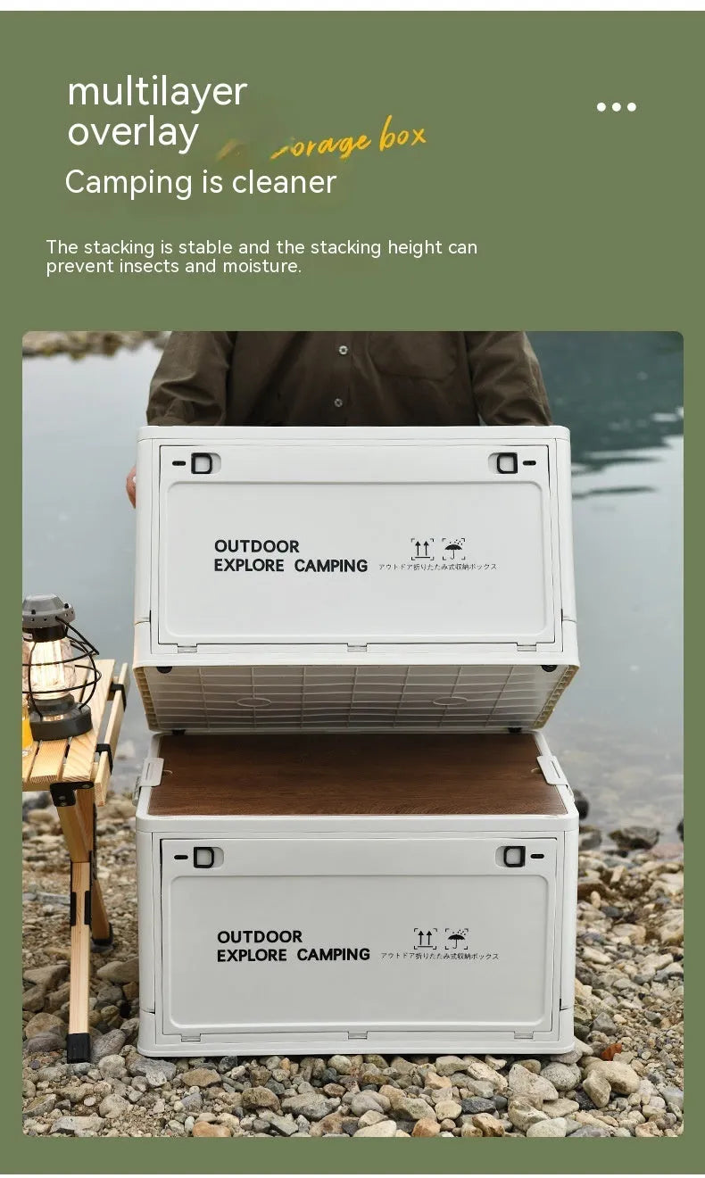 Large white plastic storage box with wooden lid showing foldable sides