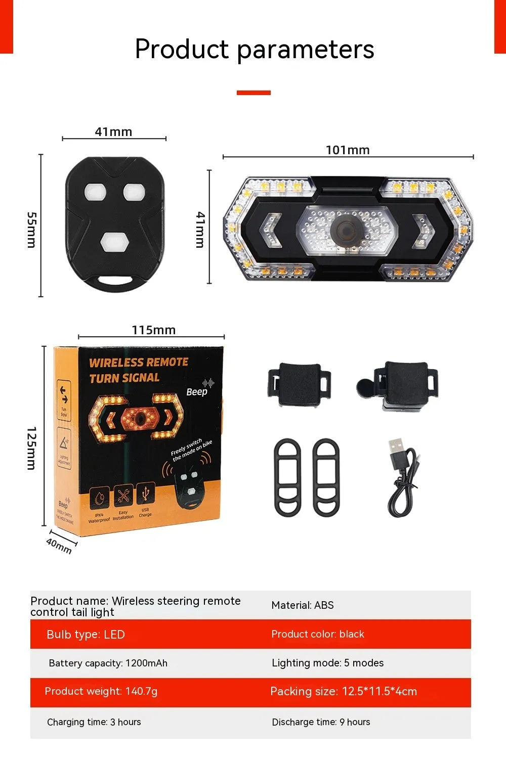 Black wireless remote control taillight with USB charging port and waterproof construction