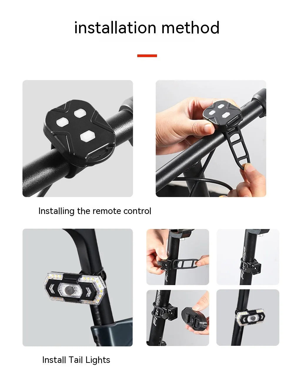 Black wireless remote control taillight with USB charging port and waterproof construction