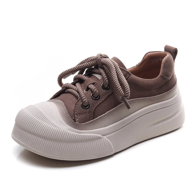 Women's full grain cow leather lace-up casual shoes in Cameo Brown and Yellow with round toe and rubber foam sole