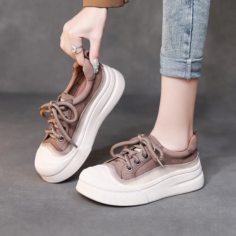 Women's full grain cow leather lace-up casual shoes in Cameo Brown and Yellow with round toe and rubber foam sole