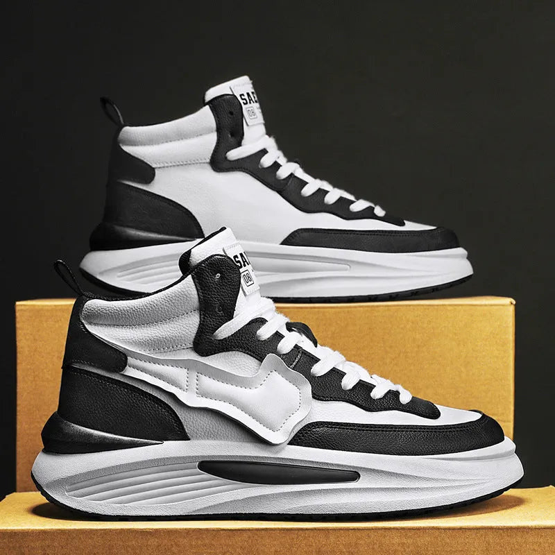 Men's black and white high-top platform board shoes with round toe on a white background