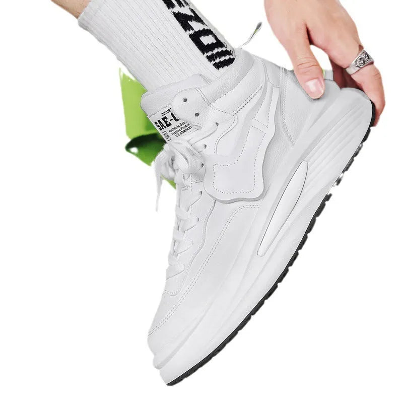 Men's black and white high-top platform board shoes with round toe on a white background