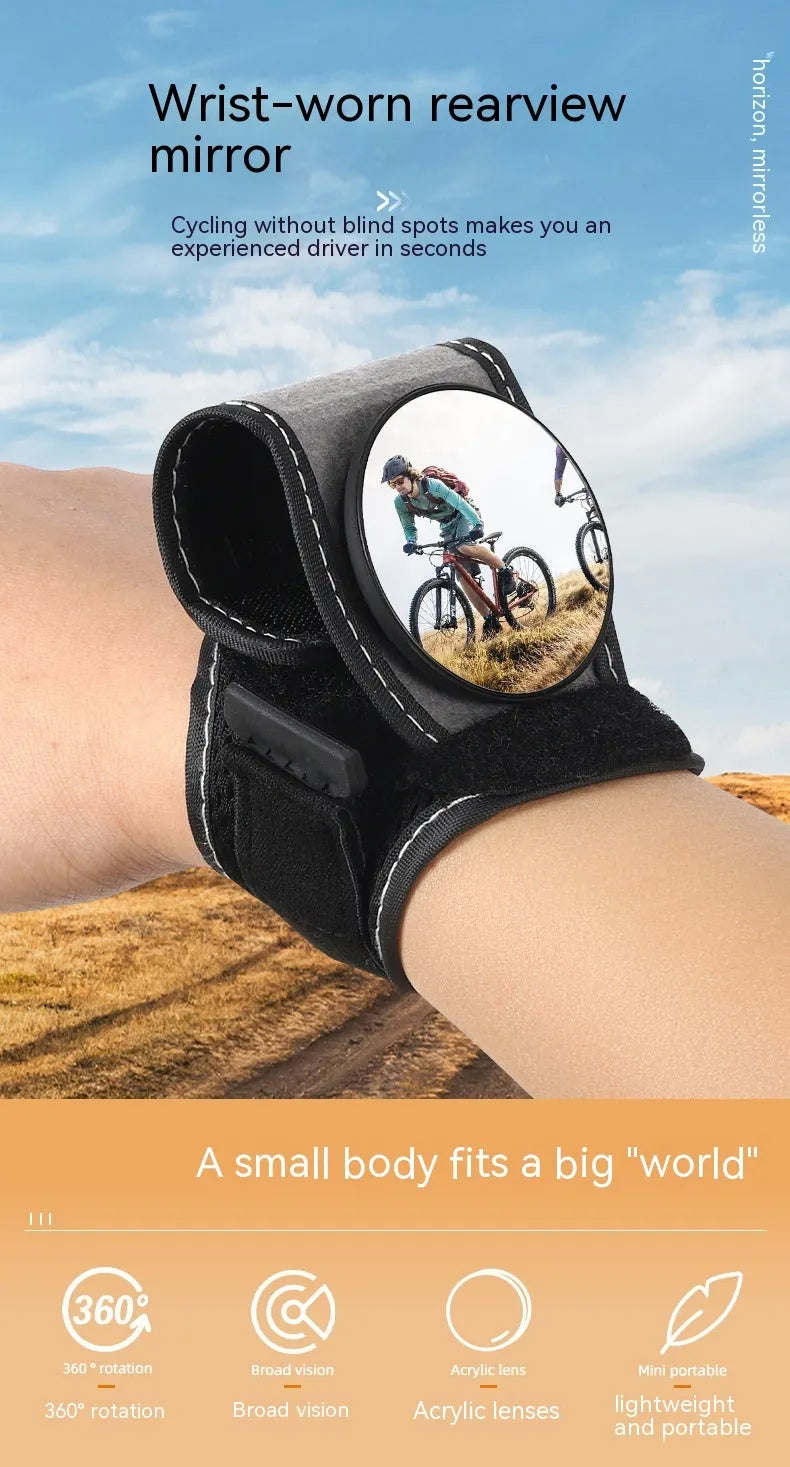Black nylon wrist-mounted cycling rear-view mirror with adjustable strap