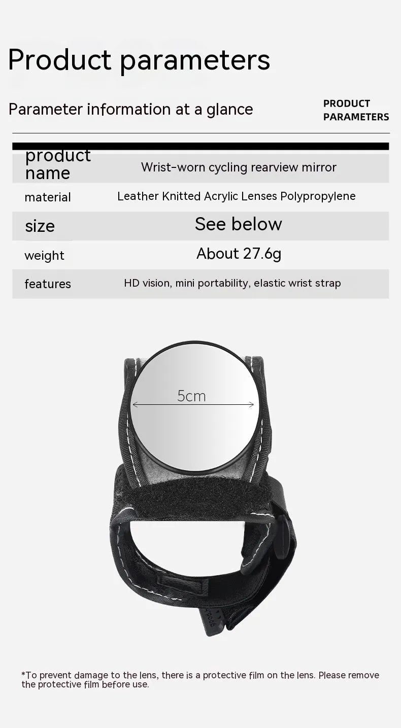 Black nylon wrist-mounted cycling rear-view mirror with adjustable strap