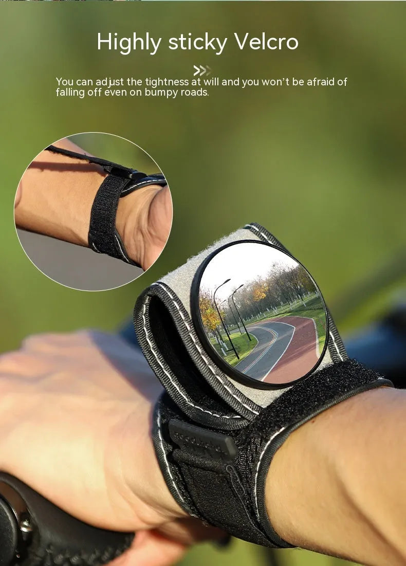 Black nylon wrist-mounted cycling rear-view mirror with adjustable strap