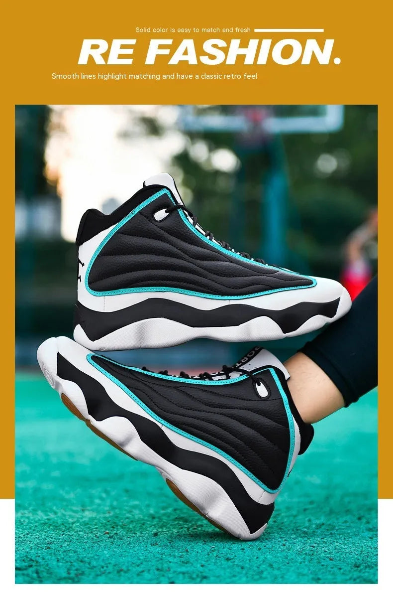 Men's high-top basketball shoes with thick rubber sole and mesh upper in AJ13 white red colourway