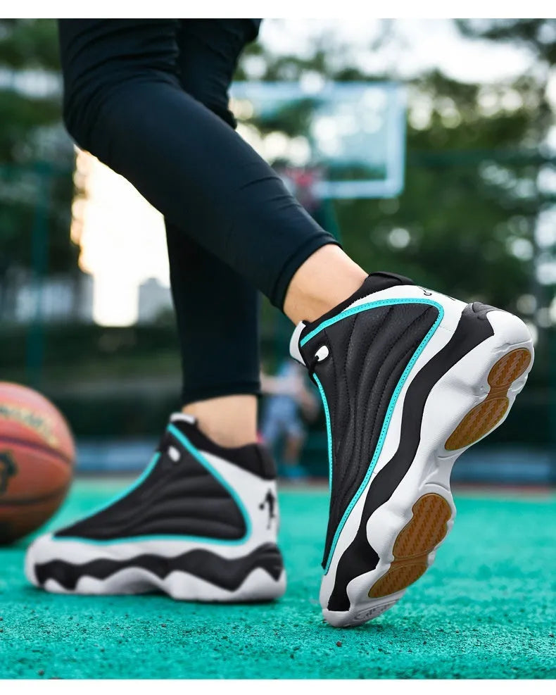Men's high-top basketball shoes with thick rubber sole and mesh upper in AJ13 white red colourway