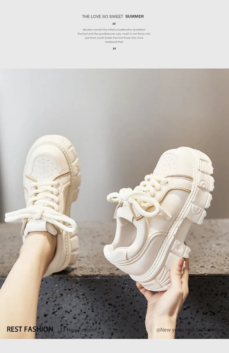 Women's casual leather shoes with thick rubber foam soles in beige or pink solid colours