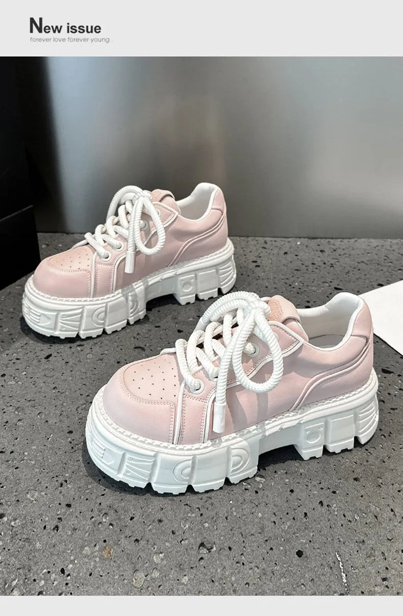Women's casual leather shoes with thick rubber foam soles in beige or pink solid colours
