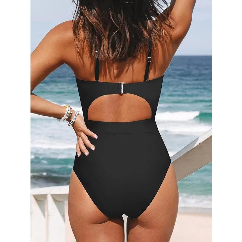 Women's solid colour one-piece swimsuit in black, wine red or peacock blue with backless design
