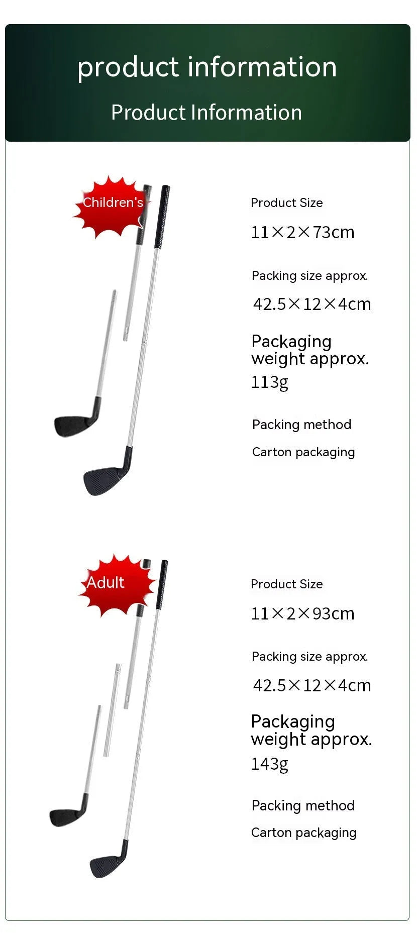 Metal golf club available in adult and children sizes for outdoor sports and fitness