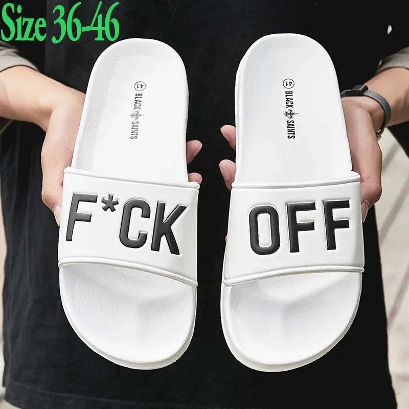 Men's large size open toe slippers in black and white with rubber soles