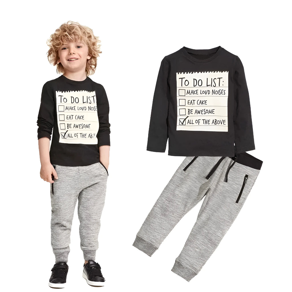 Boys cotton two-piece clothing set with long-sleeved T-shirt showing letter print and matching pants