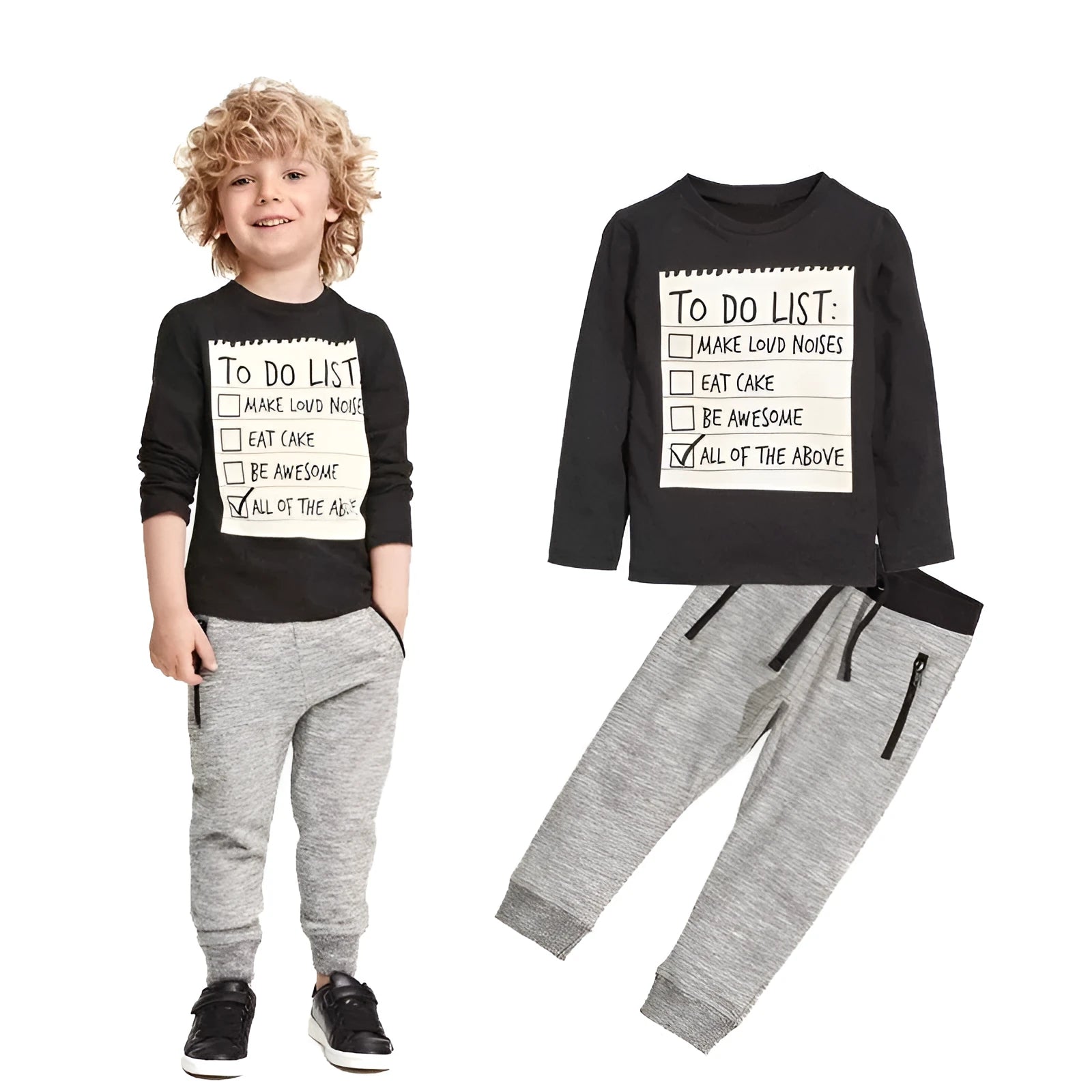 Boys cotton two-piece clothing set with long-sleeved T-shirt showing letter print and matching pants