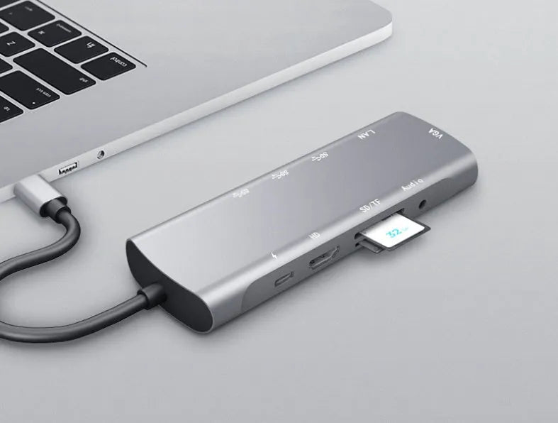 Grey USB-C docking station with HDMI, VGA, USB 3.0 ports and 140mm cable