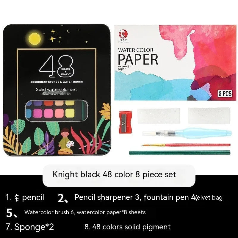 Box of 48 solid watercolour paints in shades including black knight, girl pink, and sunshine blue.
