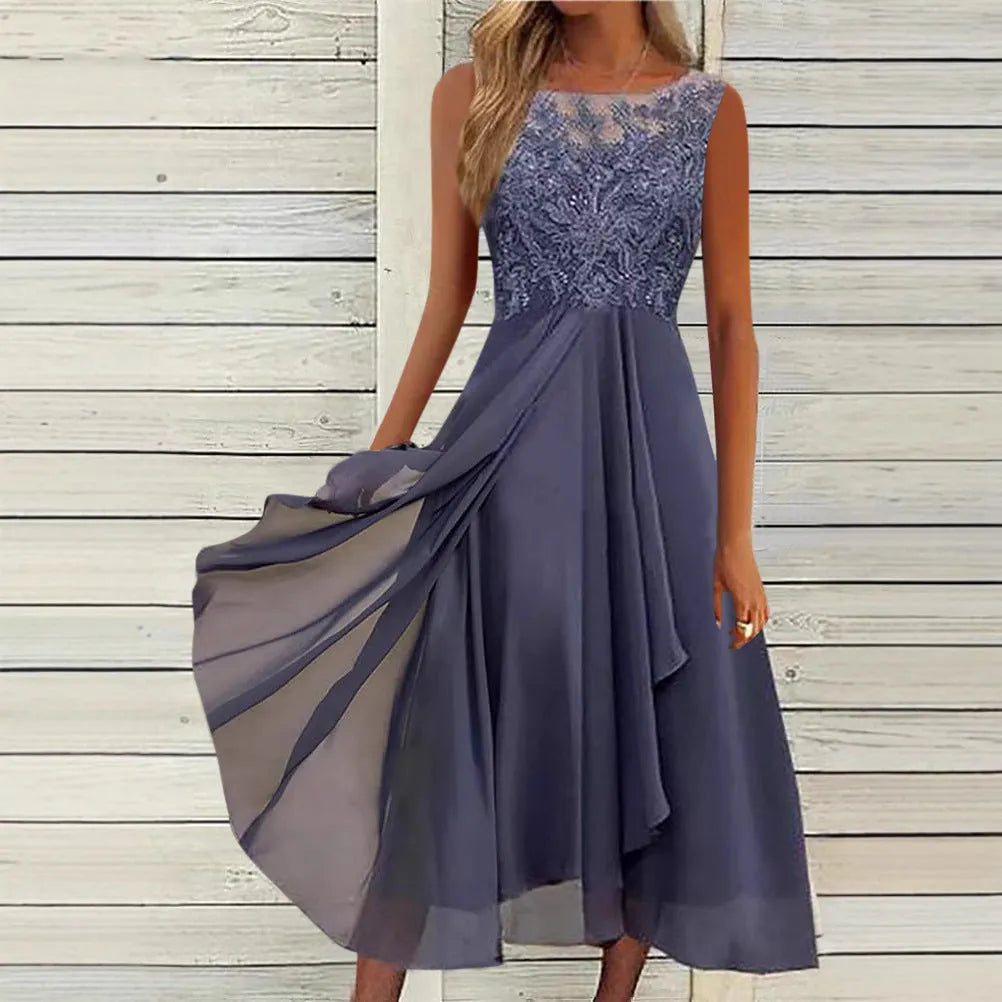 Women's sleeveless green chiffon dress with lace hollow-out detailing and mid-length princess skirt