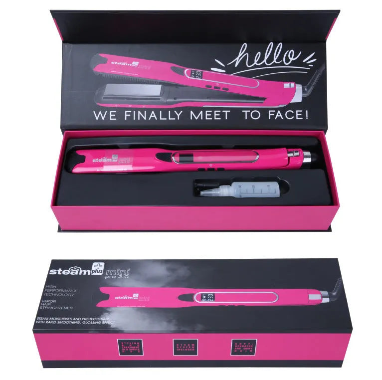 Mini hair straightener with steam spray function in rose red colour on a white background.