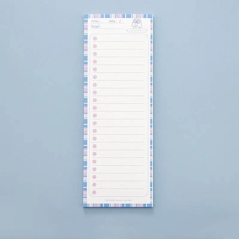 Colourful cartoon sticky note pad in plastic storage box, size 90 by 248 millimetres.