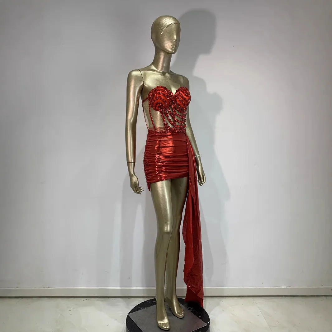 Red spandex skirt suit with hollow mesh see-through design for stage and banquet events