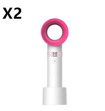 A portable bladeless desk fan with a modern design, shown on its base with a USB cable, available in multiple colours.