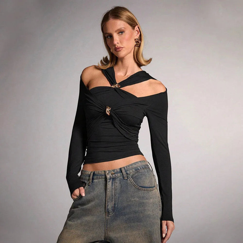 Black women's slim fit halter top with long sleeves on a model.