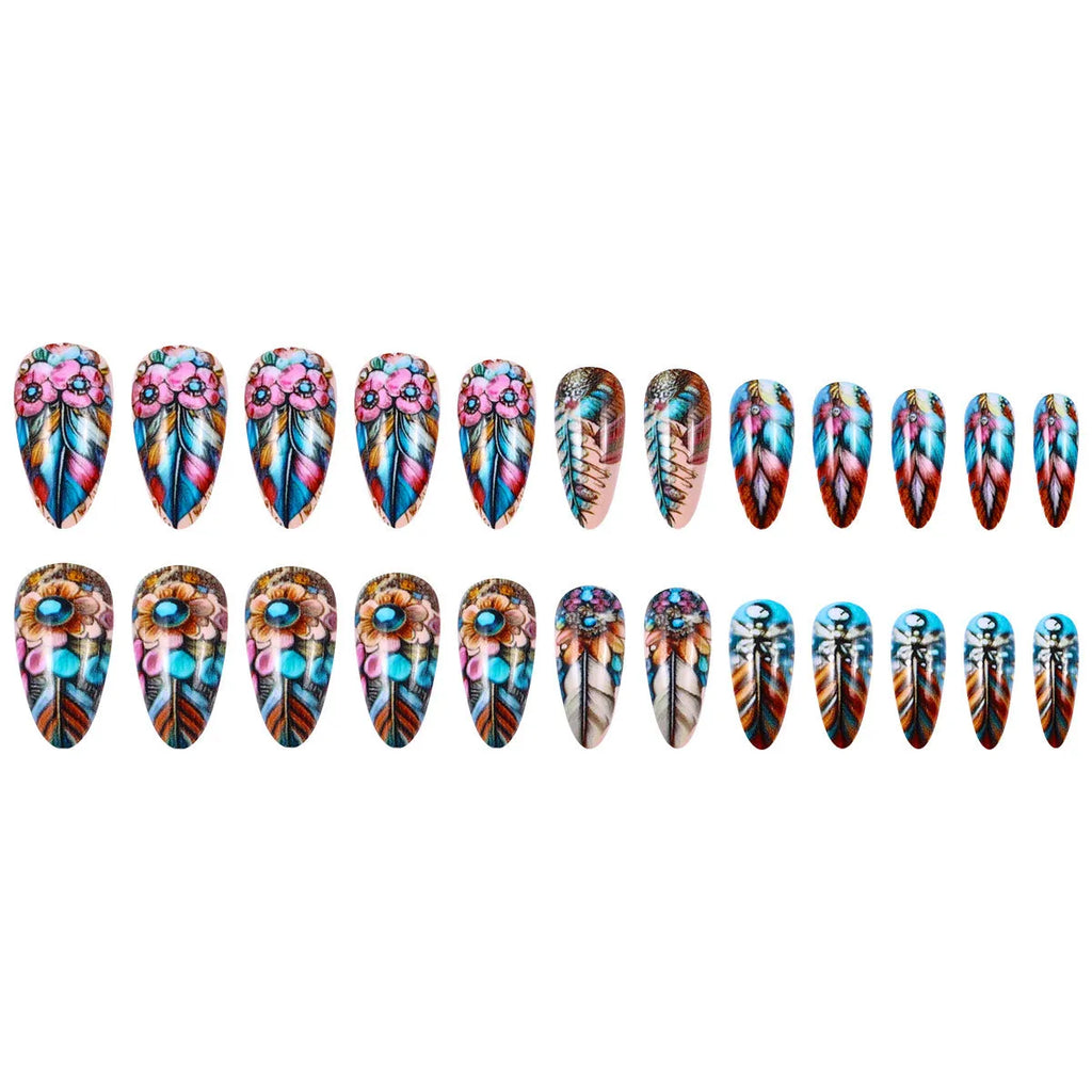 Retro style colourful feather armour nail art set with plastic cartoon, flower, and love heart decorations.
