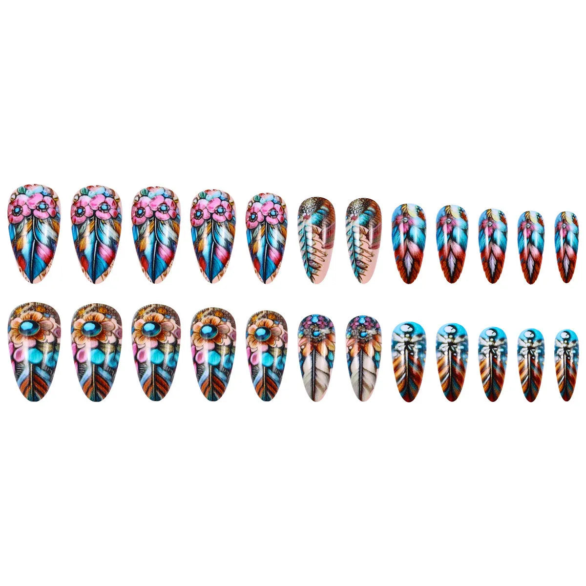 Retro style colourful feather armour nail art set with plastic cartoon, flower, and love heart decorations.