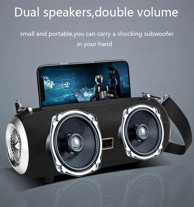 F666 portable Bluetooth speaker in black with shoulder strap showing controls and connectivity ports
