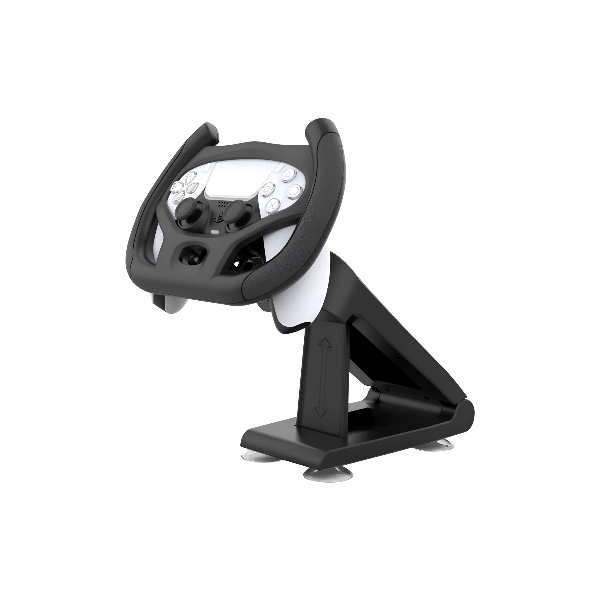 Black ABS plastic gamepad steering wheel bracket with a suction cup for mounting a mobile phone.
