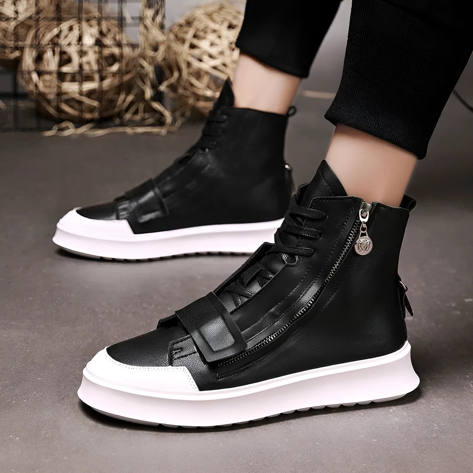 Men's black and white PU leather winter ankle boots in a high-top sneaker style.