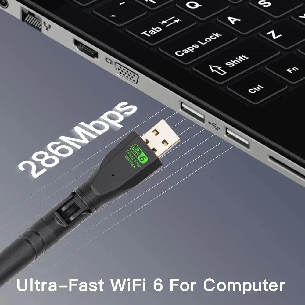 Black USB WiFi6 wireless network adapter with driver-free installation for computers.