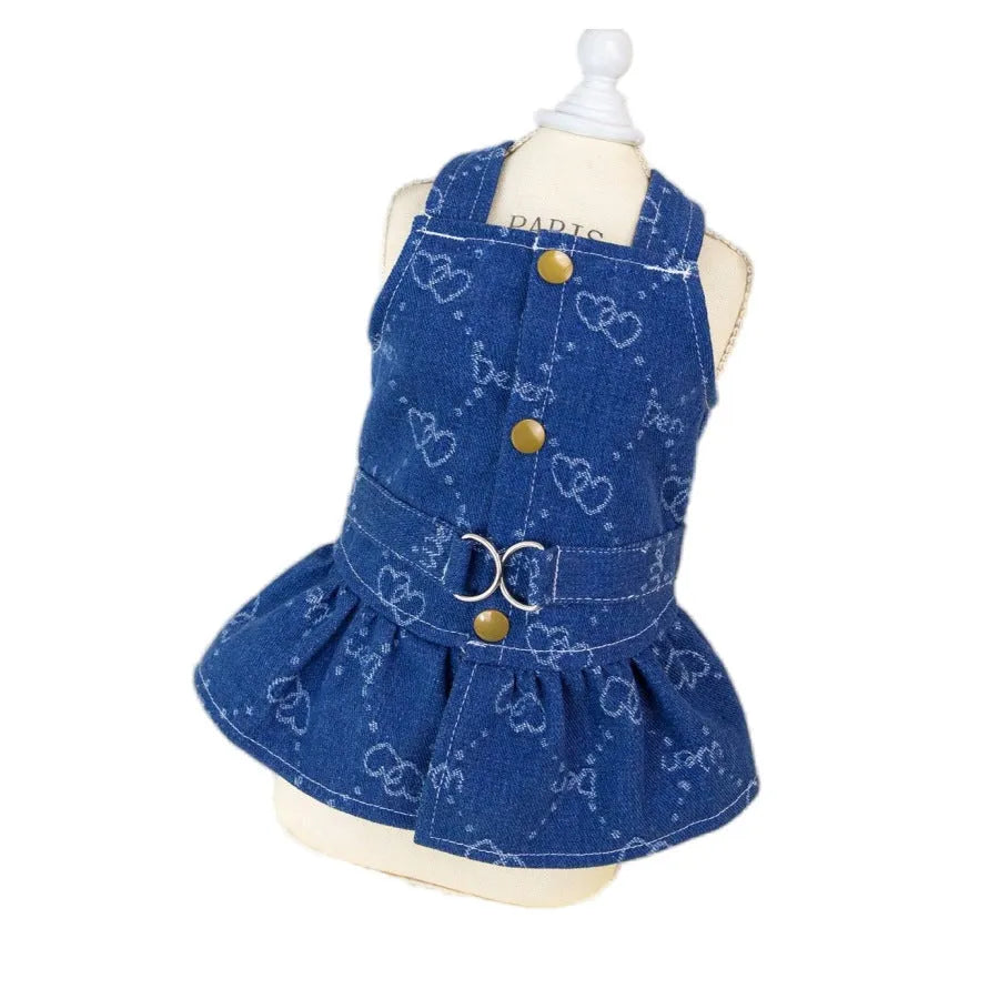 Denim princess dress for small dog on hanger showing bracket detailing and lightweight construction
