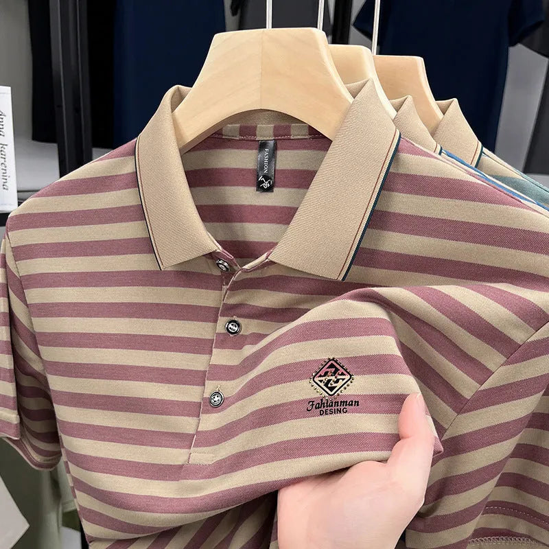 Man wearing a red striped casual short sleeve shirt with a mosaic pattern detail.