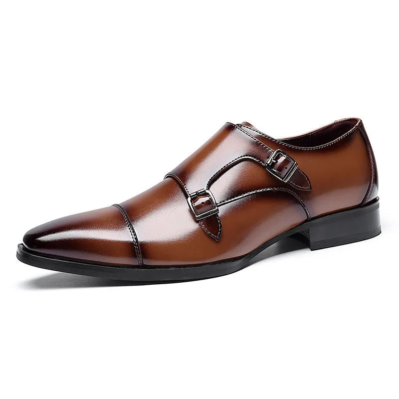 Men's British style leather business shoes with square toe design in black and light brown options