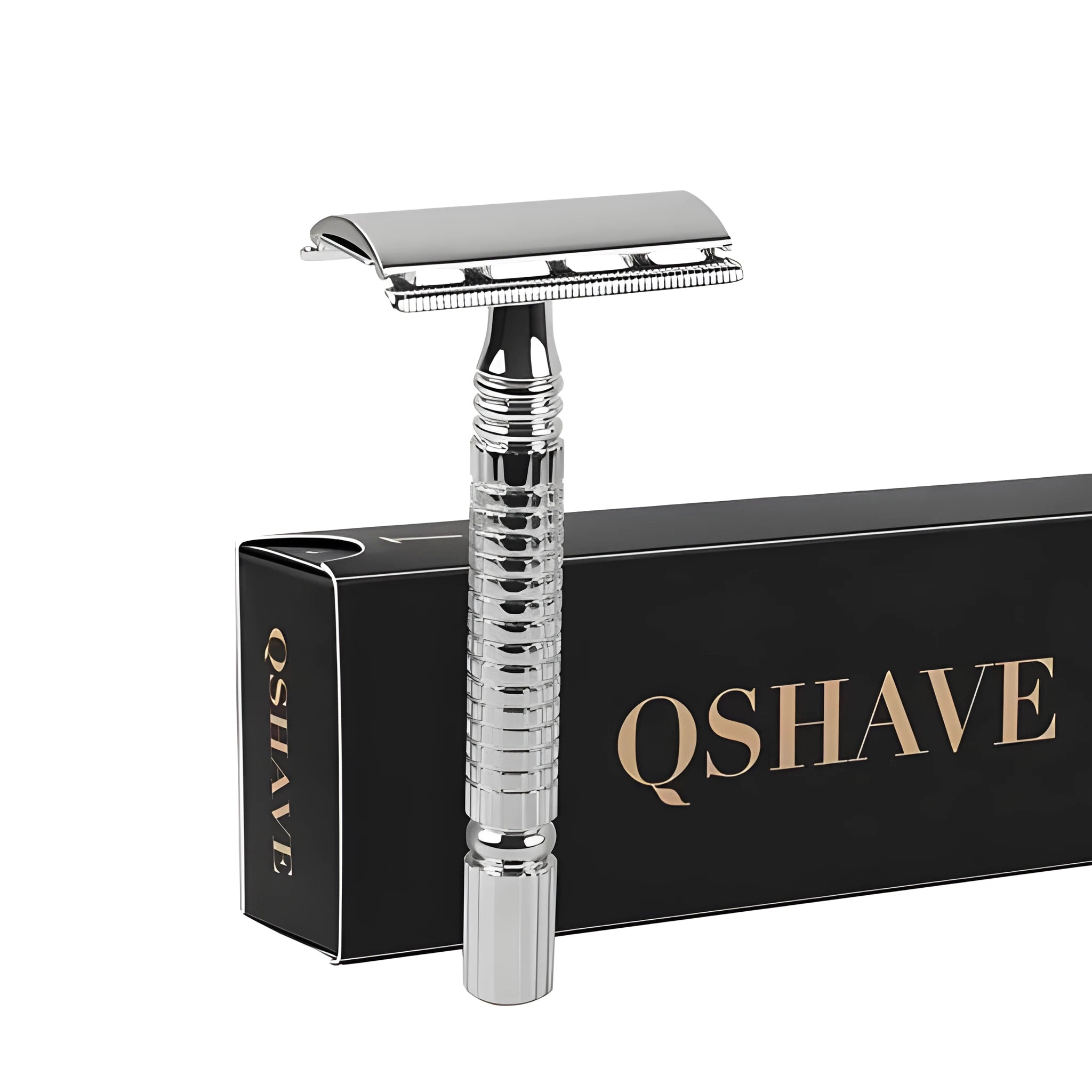 Double edged safety razor with chromed brass handle and storage box