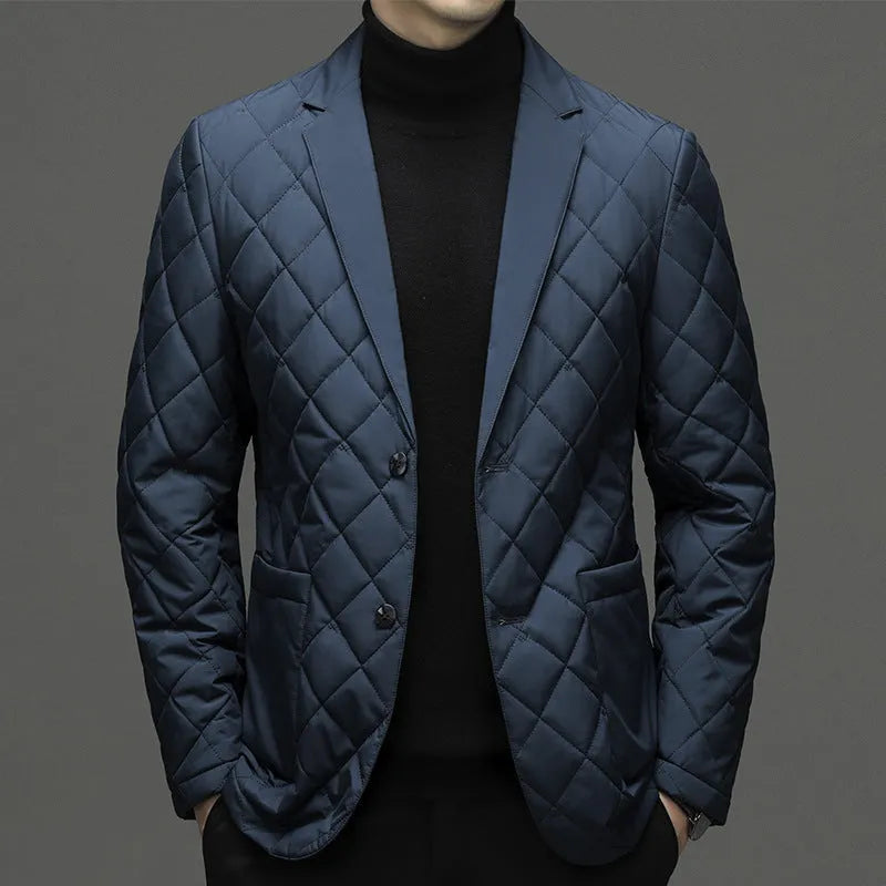 Men's thick lapel down jacket with side seam pockets in black, dark grey or shrimp blue