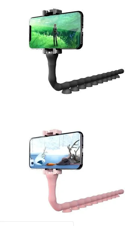 Flexible worm design mobile phone holder with suction cup mounted on desktop showing 360-degree rotation