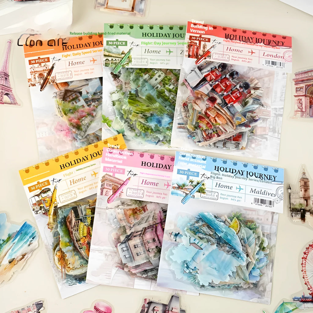Retro architecture journal stickers showing Paris, London, Maldives, Zurich, Rome and Bangkok landmarks