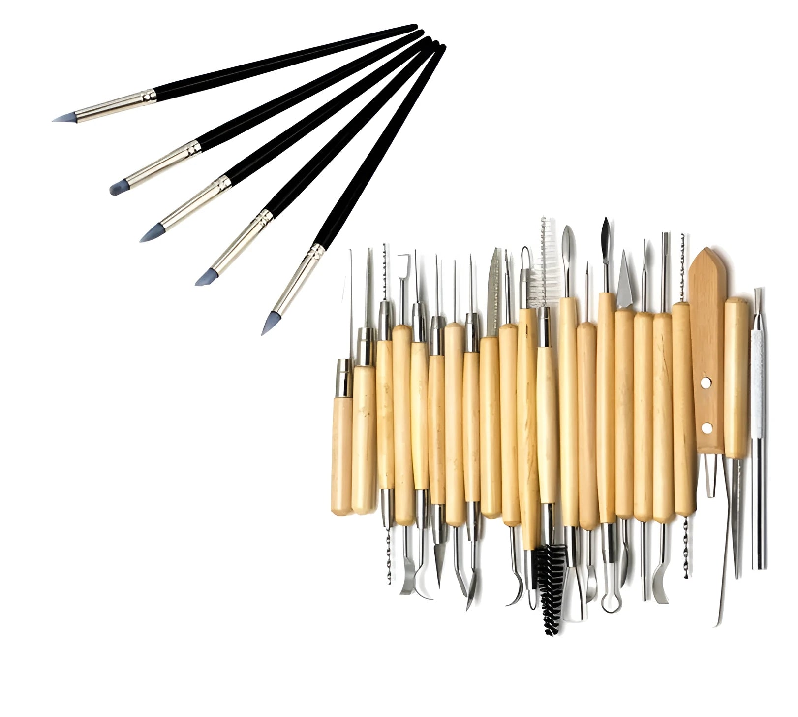 27-piece pottery clay tool set with stainless steel, wood, and plastic tools in roll-up storage bag