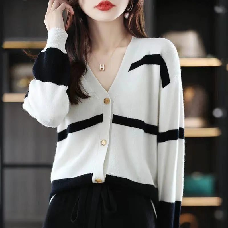Women's striped knitted cardigan with V-neck, button front, and 3D pattern texture