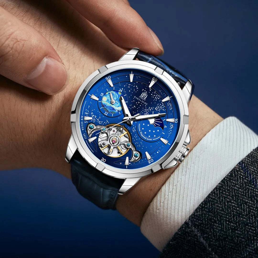 Men's blue dial automatic mechanical watch with stainless steel case showing transparent back revealing movement