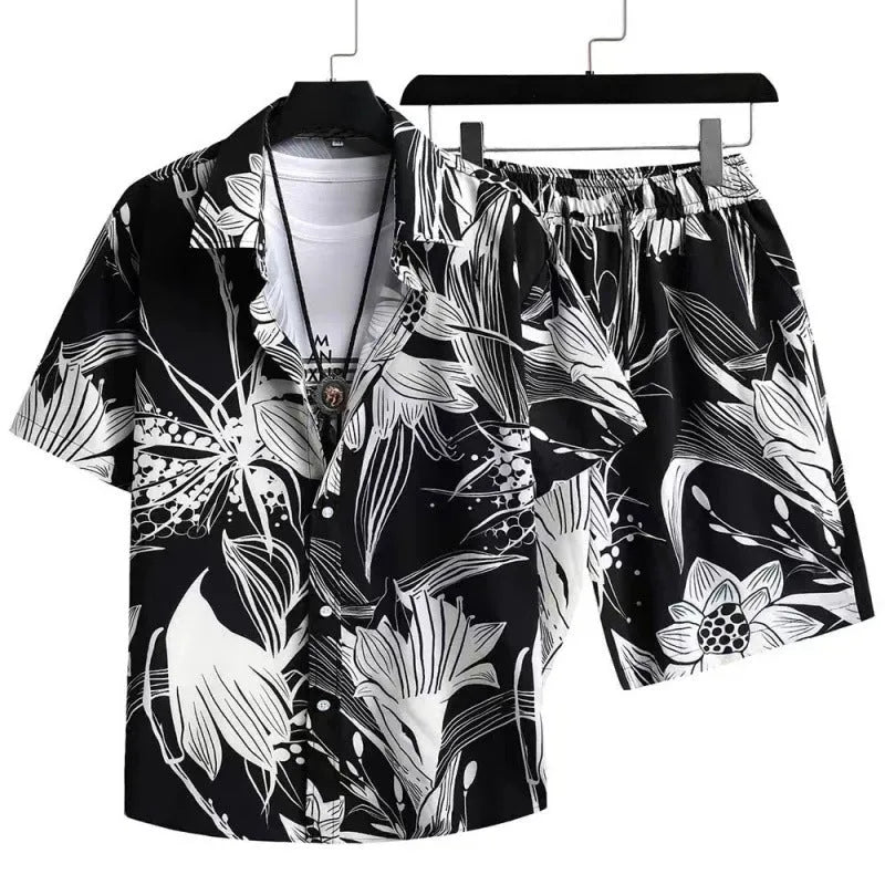 Men's casual suit with digital print short sleeve shirt and matching shorts in stretch polyester fabric
